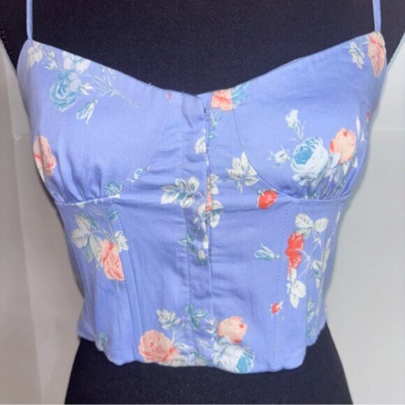 Zara Top Medium Blue Floral Ruched Back Crop Bustier Spaghetti Hook Eye Closure - Picture 5 of 13